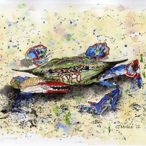 May include: Watercolor painting of a blue crab on a light yellow background with green, blue, and black splatter paint. The crab is painted in shades of blue, red, and green. The artist's signature, "T. McKee '22", is in the lower right corner.
