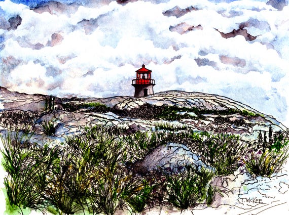 Peggy's Cove Lighthouse Watercolor Painting: Nova Scotia Art Print