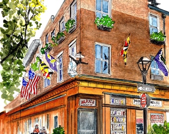 Max's Taphouse Watercolor Print | Fell's Point Baltimore Bar Art