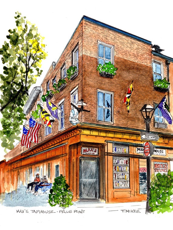 Max's Taphouse Watercolor Print | Fell's Point Baltimore Bar Art