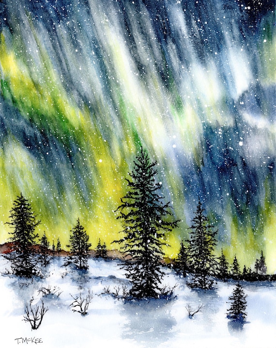 Northern Lights in the Snow, Watercolor Wall Decor