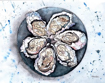 Oyster Plate Wall Decor, Oysters on the Half Shell, Seafood Plate, TonyMcKeeArt, Shellfish art, Oyster Art