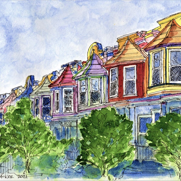 Impression de maison en rangée de Painted Ladies, impression d’art par Tony McKee, impression d’aquarelle de Baltimore, art de maison en rangée, décor d’art de maison en rangée, impression d’art de rue