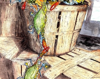 Blue Crab Escape Watercolor Print: Chesapeake Bay Waterman Boat Nautical Art