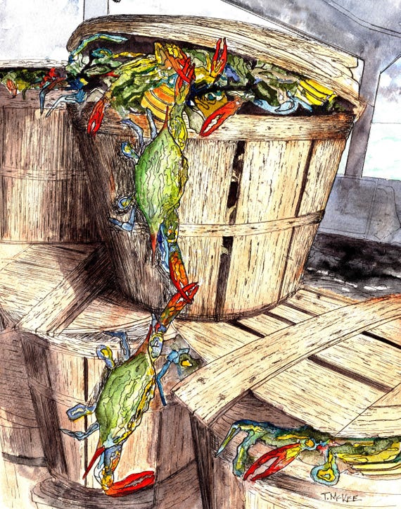 Blue Crab Escape Watercolor Print: Chesapeake Bay Waterman Boat Nautical Art