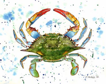 Blue Crab Watercolor Print | Delaware Maryland Coastal Wall Art