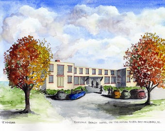 Rosedale Beach Hotel Watercolor Print, Historic Landmark Art, 1950s Resort Scene