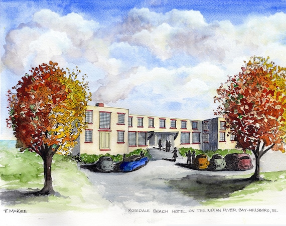 Rosedale Beach Hotel Watercolor Print, Historic Landmark Art, 1950s Resort Scene