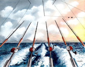 White Marlin Open Art Print: Ocean City Sunrise Fishing Watercolor