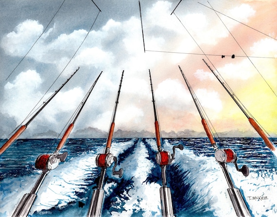 White Marlin Open Art Print: Ocean City Sunrise Fishing Watercolor