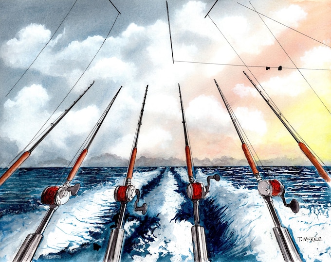 Featured listing image: White Marlin Open Art Print: Ocean City Sunrise Fishing Watercolor