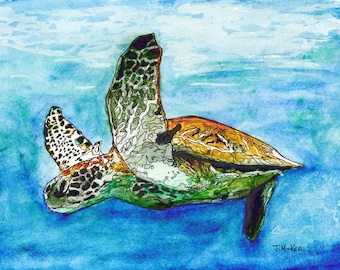 Zeeschildpad, schildpad aquarel, schildpad schilderij, zeeschildpad muur decor, schildpad muur decor, kust muur decor, schildpad Giclee print