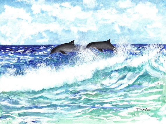 Dolphin wall decor, leaping dolphins watercolor, Delaware coastal giclee print