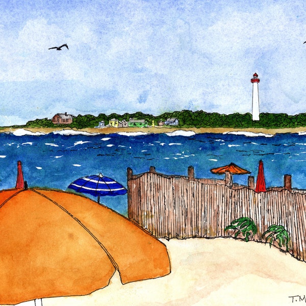 Cape May Watercolor, Tony McKee Art, Cape May Lighthouse, Cape May beaches, Cape May New Jersey, Cape May beach decor, Beach wall decor,