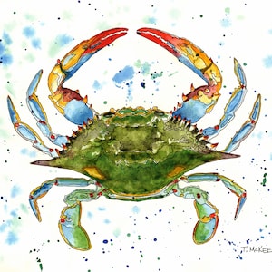 Crab Art, Crab Print, Blue Crab Art Print by Tony McKee, Crab Art, Watercolor Crab Painting, Crab Decor, Crustacean Decor
