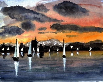 Sailing watercolor, Night Sailing, Maryland Watercolor, Annapolis painting, Evening sailing, Sailing wall decor, Maryland wall decor