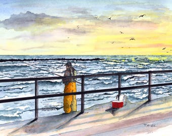 Fisherman Wall Decor, Jetty Fishing, Indian River Inlet Fisherman, Fishing Wall Decor, TonyMcKeeArt, Fishing the Inlet, Striper fishing