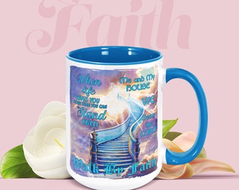 Inspirational "Walk By Faith" and "Serve the Lord" Coffee Mug, Featuring Azure Lettering & Stairwell to Glory Design, Perfect Christian Gift