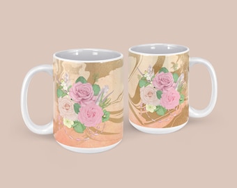 Rose Print Mug, 15oz with Boho Tropical Art with Pink Roses & Palm Leaves, Ideal Coffee Lover Gift, Gold Flecks on Peach | Cream