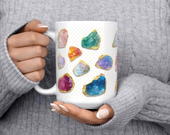 Colorful Agate Jewels Gold Accents Coffee Mug, 11 or 15oz with Crystallic Jewel Print, Perfect for Morning Brew, Unique Gift for Gem Lovers