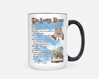 Religious Coffee Mug  with The Lord's Prayer Praying Hands and Floral Bible Graphics For Spiritual Morning Routine | Great Christian Gift