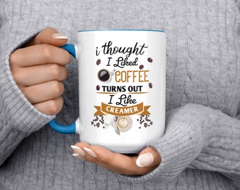 Whimsical Coffee Creamer Mug, Features Coffee and Creamer Graphics, Unique Gift for Caffeine and Creamer Lovers, Funny Coffee Creamer gift