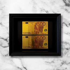 Decorative frame 20x25 with 2 gold 500 euro bills – modern wall art, luxury home decor, exclusive gift, contemporary design