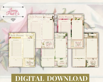 Puede incluir: Conjunto de seis páginas de planificador diario imprimibles con diseños florales y vintage. Cada página presenta una sección de horario, una lista de tareas pendientes y una sección de notas. Las páginas incluyen citas inspiradoras como "Sé amable", "Haz cosas increíbles", "Nunca te rindas" y "¡Lo has conseguido totalmente!"