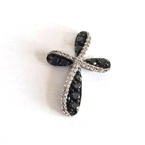 Vintage 10K Luxury White Gold Black White Clear Diamond Crystal Cross Pendant