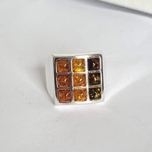 Vintage Boho Green Yellow Orange Amber Crystal Sterling Silver Chunky Ring 9