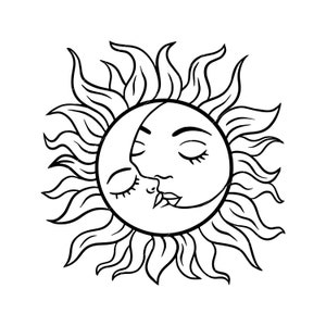 May include: A black and white line drawing of the sun and moon kissing. The sun has a face with closed eyes and the moon has a face with one eye closed and the other open.