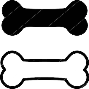 May include: Two black and white bone shapes. The top bone is filled in black, and the bottom bone is outlined in black with a white interior.