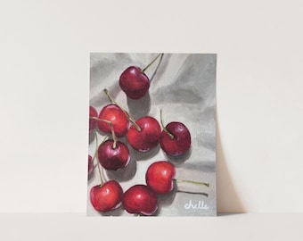 さくらんぼの静物画、5 x 7インチ、下塗りイラストボードに描かれた