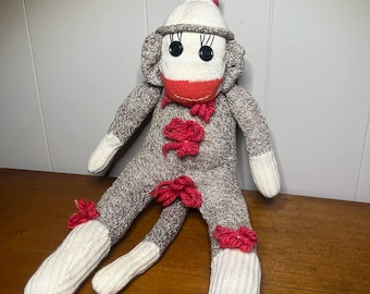 Juguete de peluche de mono de calcetín vintage hecho a mano