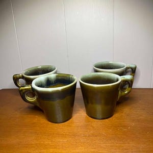 Vintage MCM Avocado Green Drip Glaze Mugs - Set of 4 Mugs