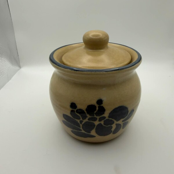 Pfaltzgraff Folk Art Tan and Blue Sugar Bowl with Lid USA