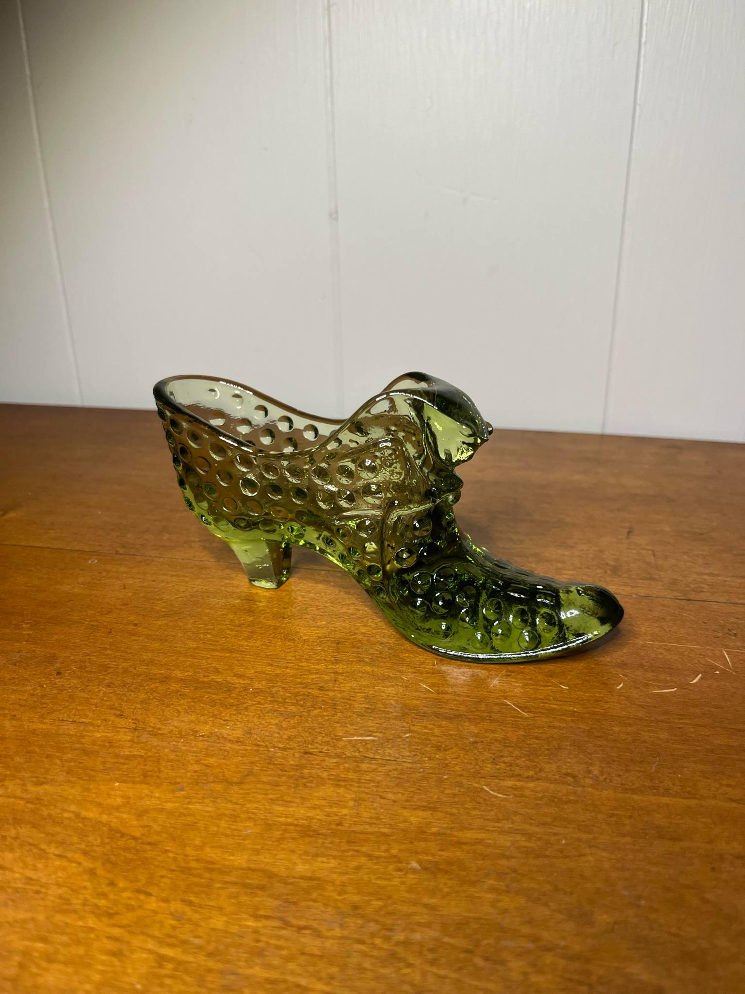 Vintage Fenton Glass Olive/Colonial Green Hobnail Cat Glass Shoe Slipper ~Two Available~