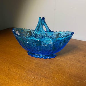 Fenton Daisy and Button Colonial Blue Split Glass handle Basket