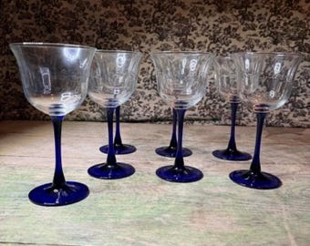 Vintage Set of 7 American Blue By Cristal D'arques Durand Water or Wine Goblet and Glasses - Cobalt Blue Stemmed