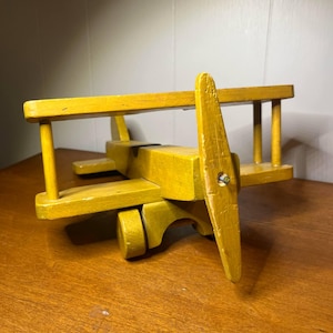 Vintage wooden toy airplane - Yellow paint handmade plane