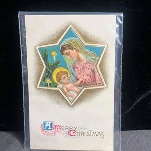 Antieke kerstkaart: Maria en baby Jezus