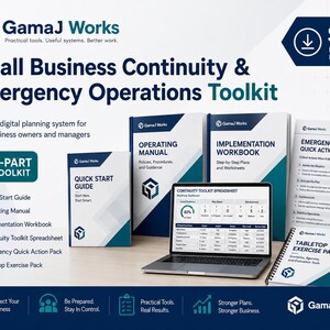Può includere: Un kit digitale in 6 parti per la continuità aziendale e le operazioni di emergenza di GamaJ Works, che include un laptop con foglio di calcolo, una guida rapida, un manuale operativo, un quaderno di lavoro, un pacchetto di emergenza e un kit di esercizi.