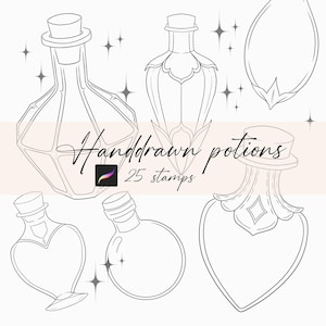 Puede incluir: Ilustración en blanco y negro de varias botellas de pociones con tapones. La imagen incluye el texto "Handdrawn potions" y "25 stamps". Las botellas tienen diferentes formas, incluyendo un corazón, un diamante y una forma redonda.