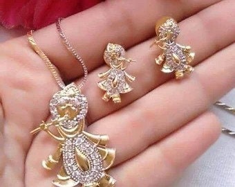 Mother Day Lord Krishna  Divine Power American Diamond Gold Plated  Necklace  Pendant Set  for Girls and Women