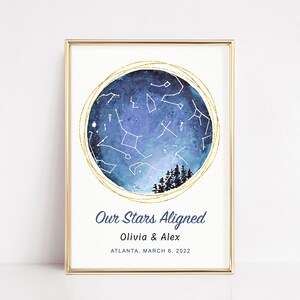 Mapa de constelaciones en acuarela, regalo de compromiso, la noche en que nos conocimos, mapa estelar personalizado, mapa de dónde nos conocimos, impresión del cielo nocturno