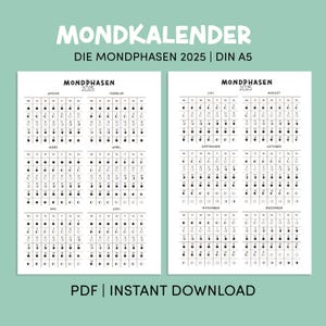 Moon calendar for 2025 | A5 printable inserts | Moon phases | Inserts for A5 ring planners | A5 annual planner | Moonjournal