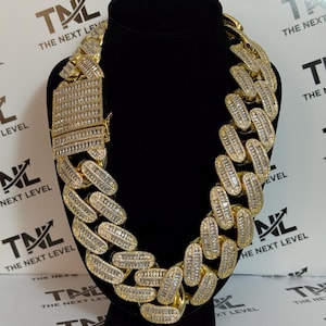 Naszyjnik Iced Out-Cytaty z diamentami CZ Stones 18k pozłacany Gruby łańcuch-5x zanurzony 42 mm Ciężki łańcuch dla mężczyzn Łańcuszek bagietkowy-Dzień Ojca
