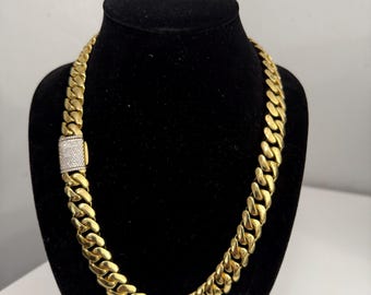 15mm Cuban Link Chain for Men with Iced Out Clasp | Gold Plated Miami Style Necklace | Thick Statement Chain | Hip Hop Jewelry Gift for Him