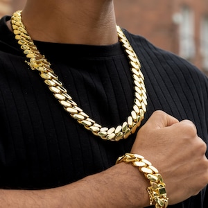 18K Gold Plated Cuban Link Chain & Bracelet Set - Handmade Brass Jewelry