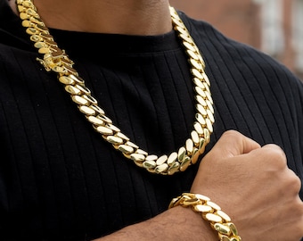 18mm Cuban Link Chain and Bracelet Set for Men | Gold Plated Jewelry Bundle | Miami Style Necklace & Bracelet | Thick Statement Gift for Him